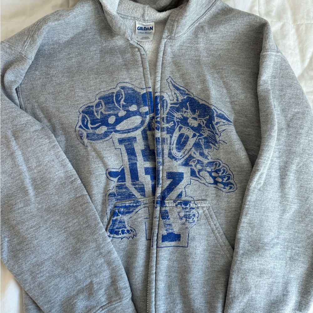 Gray Zip-Up Hoodie with Blue Graphic